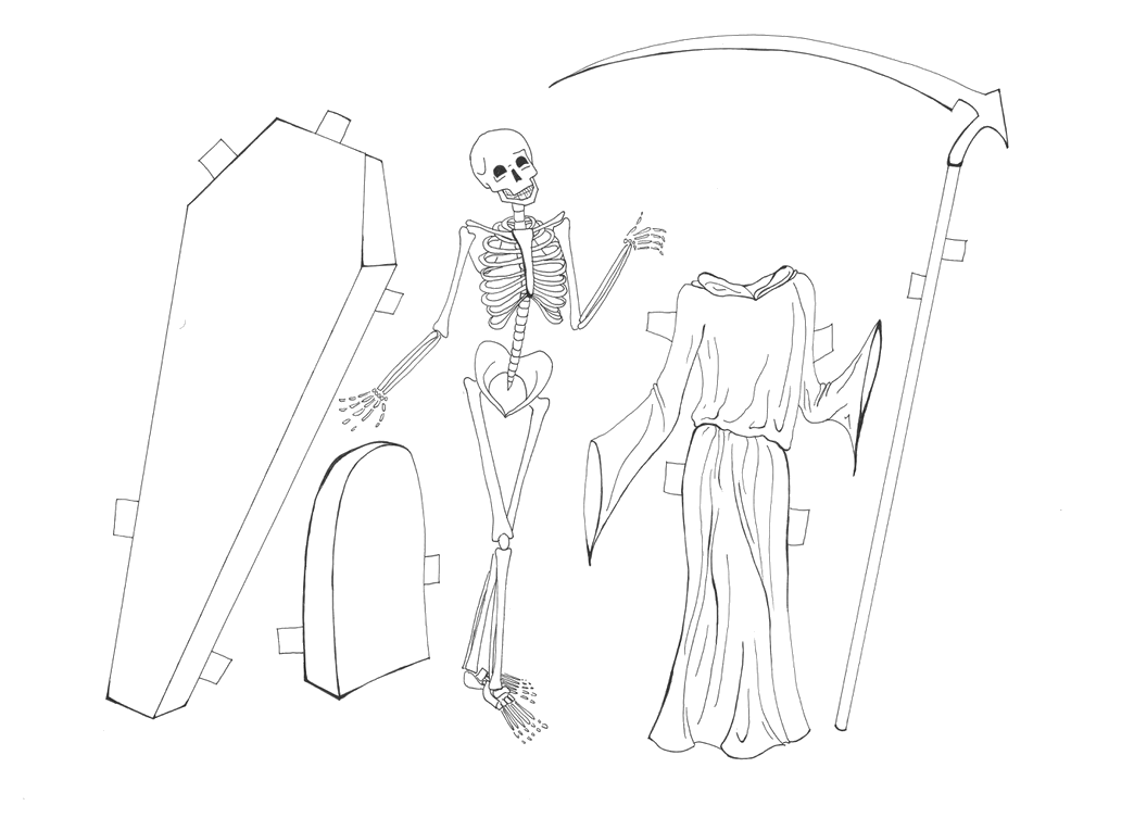  Death as a skeleton side by side with robe and sycthe, coffin, and headstone 