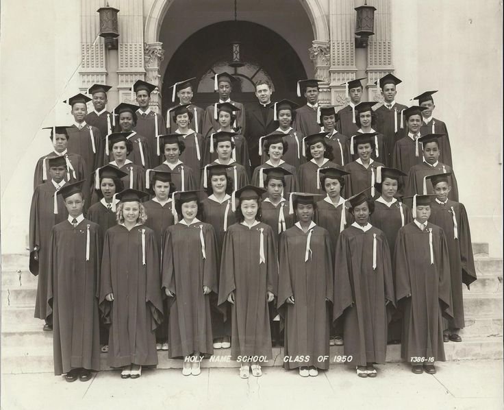 A black and white graduation picture of young women from the class of 1950. Include those big milestones when writing an obituary.
