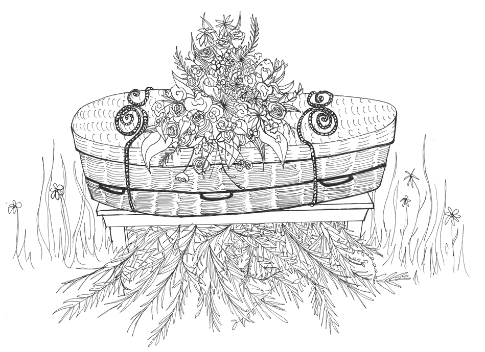  Illustration of wicker casket and vegetation for green burial 