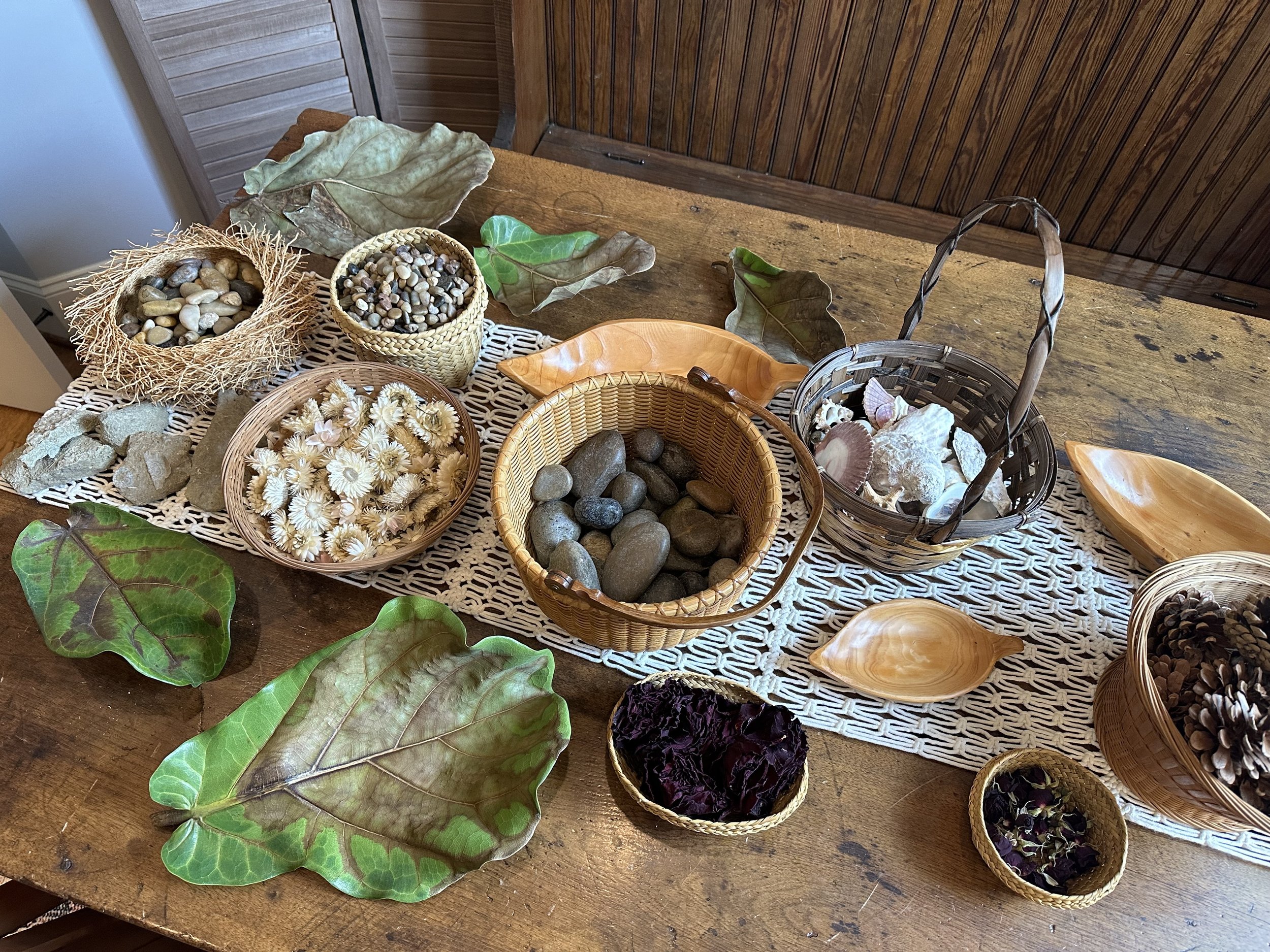  Rocks, dried flowers, acorns, seashells, and tree leaves rest on a wooden table. Pieces of nature like these are often used in our educational workshops and community events. 