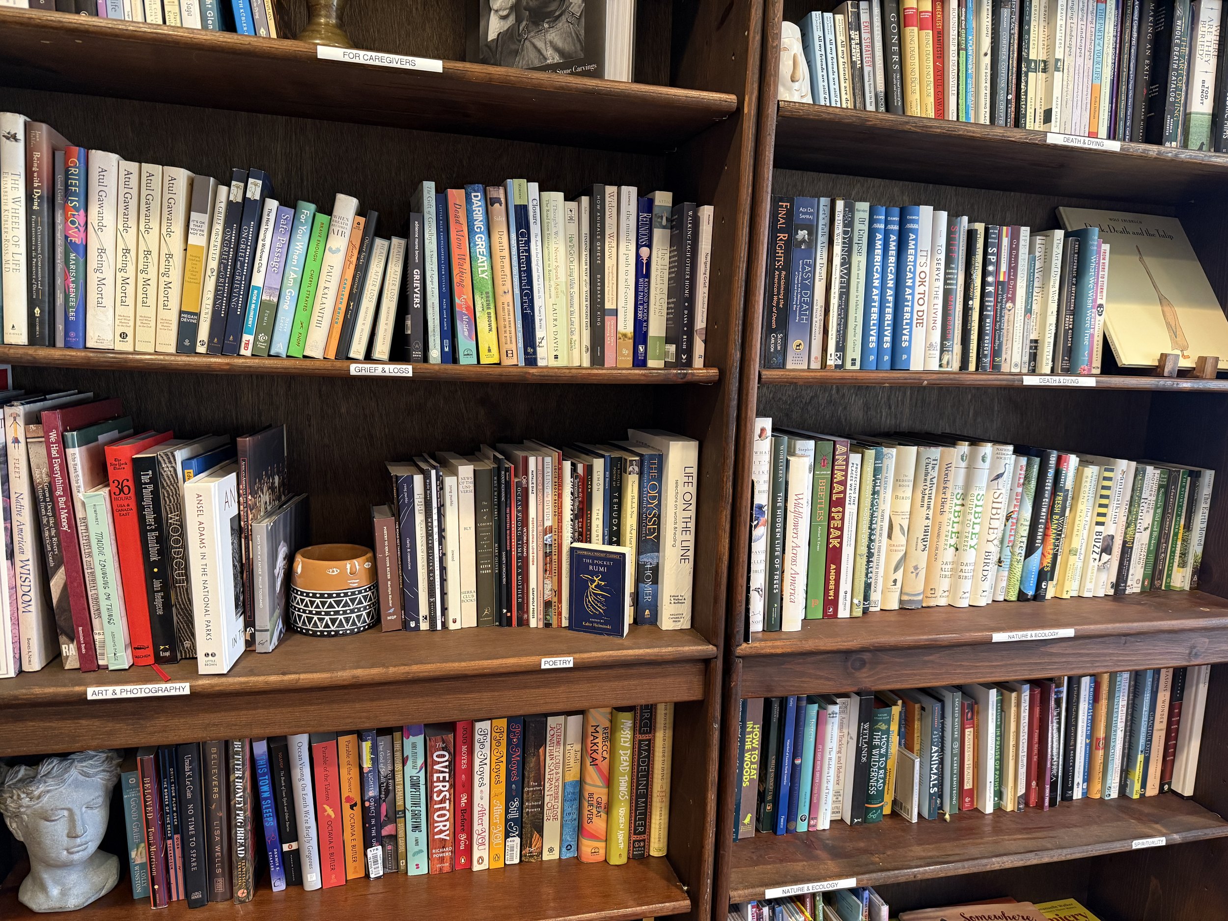  All of the Larkspur library’s books are available for checkout. These include books about: grief and loss, death and end-of-life planning, poetry, fiction, nature and ecology, children’s books, as well as books for caregivers. 