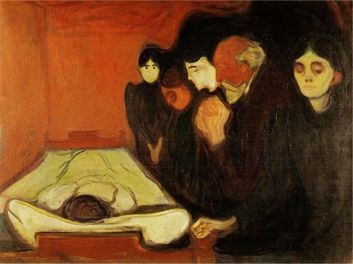  The painting, “By the Deathbed,” (1893) by Edvard Munch depicts the ritual viewing of a body after a death occurs. 