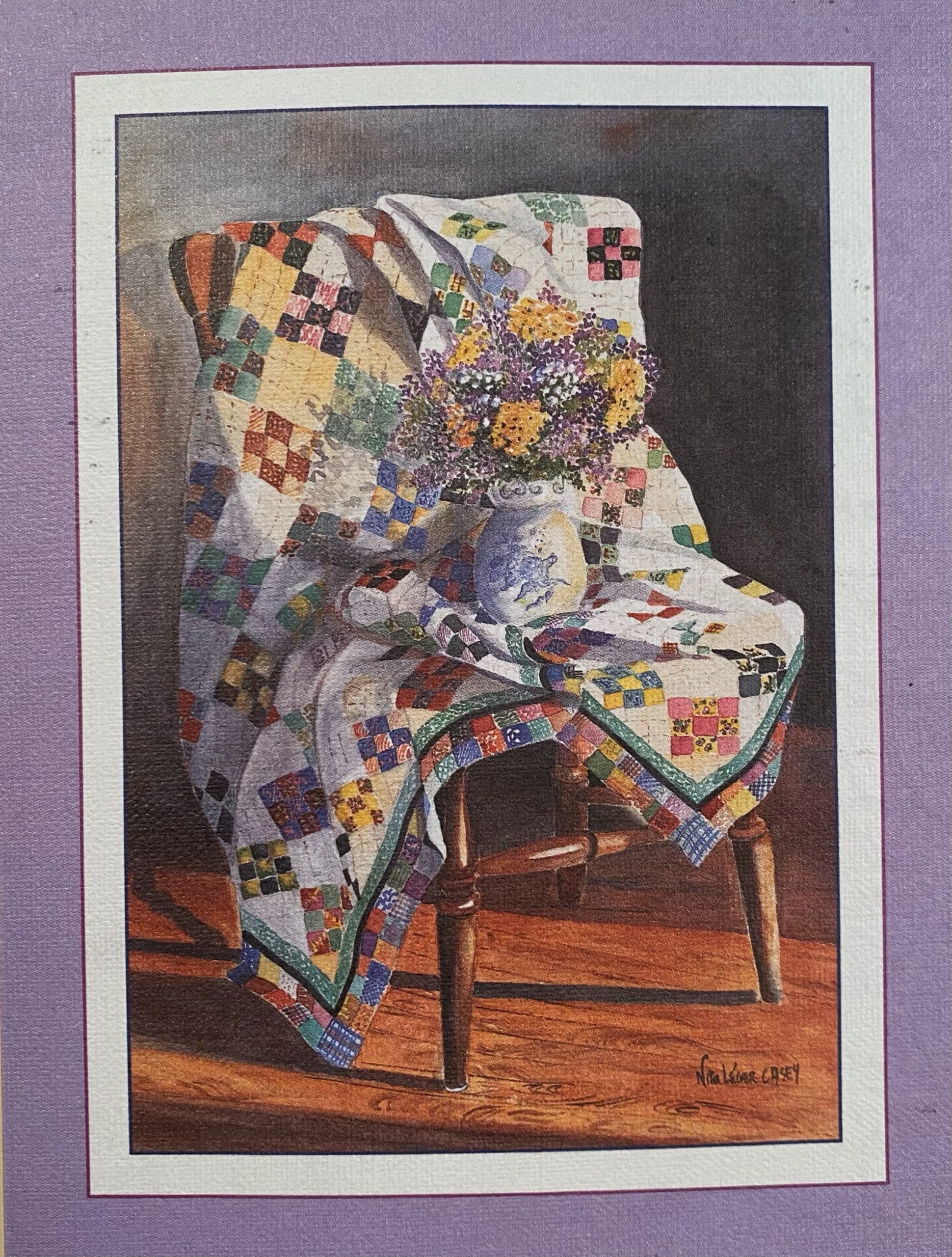  Print of chair with quilt and vase 